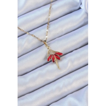 316L Çelik Zincir Altın Renk Kırmızı Etekli Zirkon Taşlı Balerin Kolye