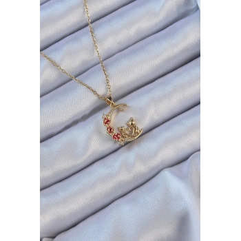 316L Çelik Zincir Altın Renk Kırmızı Gül Detay Kedi Figür Zirkon Taşlı Ay Kolye