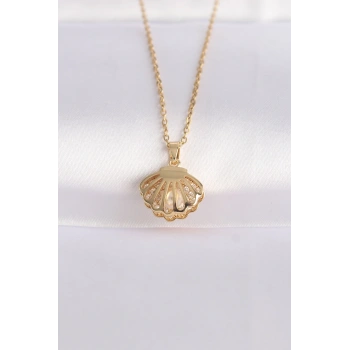 316L Çelik Zincir Altın Renk Zirkon Taşlı İnci Detay İstiridye Kolye
