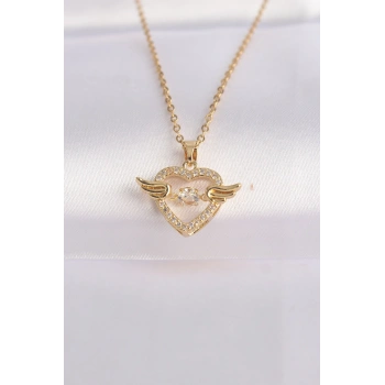 316L Çelik Zincir Altın Renk Zirkon Taşlı Kanatlı Kalp Kolye