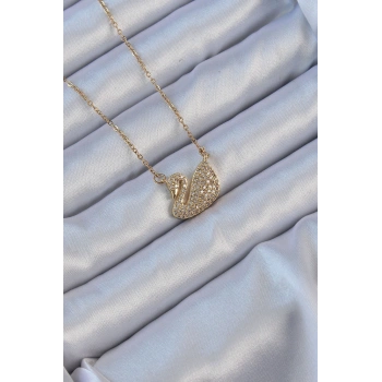 316L Çelik Zincir Altın Renk Zirkon Taşlı Kuğu Kolye
