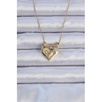 316L Çelik Zincir Altın Renk Zirkon Taşlı Mıknatıslı Kalp Kolye