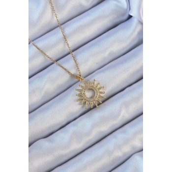 316L Çelik Zincir Altın Renk Zirkon Taşlı Parlayan Güneş Kolye