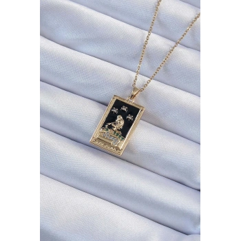 316L Çelik Zincir Altın Renk Zirkon Taşlı Siyah Mineli Kız Figürlü Tarot Kolye