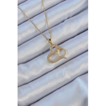 316L Çelik Zincir Altın Renk Zirkon Taşlı Yüzüklü Kalp Kolye