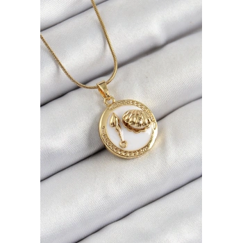 316L Çelik Zincir Beyaz Mineli Sanatsal Portre İstiridye Model Gold Renk Kadın Kolye