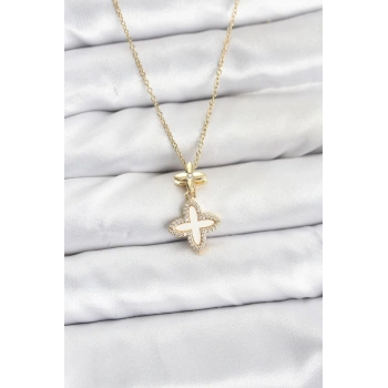 316L Çelik Zincir Gold Renk 4 Yapraklı Yonca Model Zirkon Taşlı Kadın Kolye