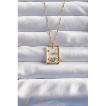 316L Çelik Zincir Gold Renk Ay Detay Mavi Zirkon Taşlı Tarot Kolye