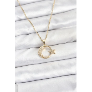 316L Çelik Zincir Gold Renk Ay Yıldız Model Zirkon Taşlı Kadın Kolye
