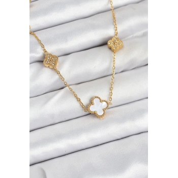 316L Çelik Zincir Gold Renk Beyaz ve Zirkon Taşlı Yonca Kadın Kolye