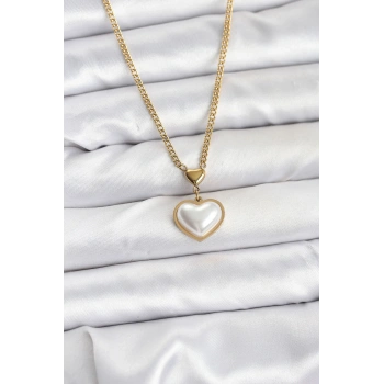 316L Çelik Zincir Gold Renk Bombeli Kalp Model Kadın Kolye