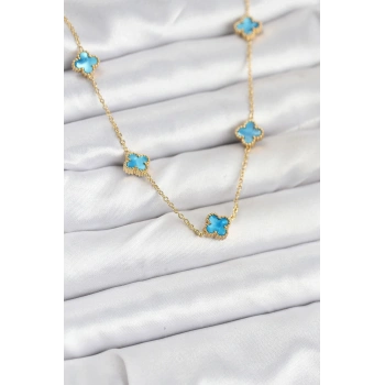 316L Çelik Zincir Gold Renk Buz Mavisi Baby Boy Yonca Kadın Kolye