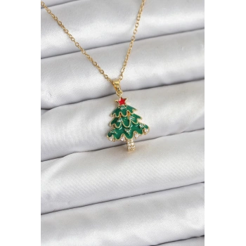 316L Çelik Zincir Gold Renk Çam Ağacı Model Yılbaşı Temalı Kadın Kolye