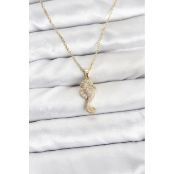 316L Çelik Zincir Gold Renk Deniz Atı Model Zirkon Taşlı Kadın Kolye