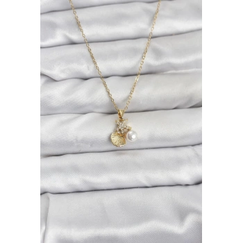 316L Çelik Zincir Gold Renk Deniz Kabuğu ve Deniz Yıldızı Model Zirkon Taşlı Kadın Kolye