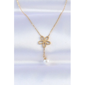 316L Çelik Zincir Gold Renk İnci Detay Çiçek Kolye