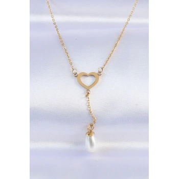 316L Çelik Zincir Gold Renk İnci Taş Detay Kalp Kolye