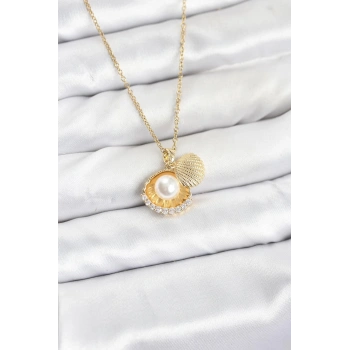 316L Çelik Zincir Gold Renk İncili Deniz Kabuğu Model Zirkon Taşlı Kadın Kolye