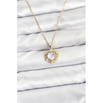 316L Çelik Zincir Gold Renk Kalp Model Zirkon Taşlı Kadın Kolye