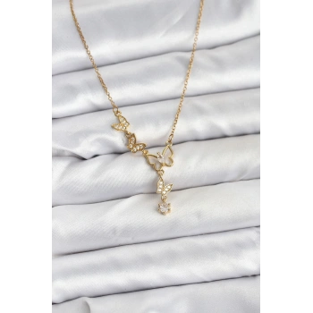 316L Çelik Zincir Gold Renk Kelebek Model Kadın Kolye