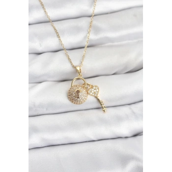 316L Çelik Zincir Gold Renk Kilit Anahtar Model Zirkon Taşlı Kadın Kolye