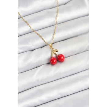 316L Çelik Zincir Gold Renk Kiraz Model Kadın Kolye