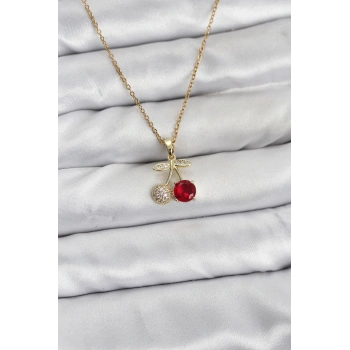 316L Çelik Zincir Gold Renk Kiraz Model Zirkon Taşlı Kadın Kolye