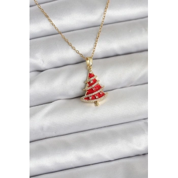 316L Çelik Zincir Gold Renk Kırmızı Çam Ağacı Model Yılbaşı Temalı Kadın Kolye
