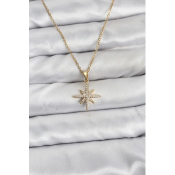 316L Çelik Zincir Gold Renk Kutup Yıldızı Model Zirkon Taşlı Kadın Kolye