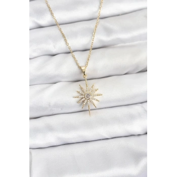 316L Çelik Zincir Gold Renk Kutup Yıldızı Model Zirkon Taşlı Kadın Kolye