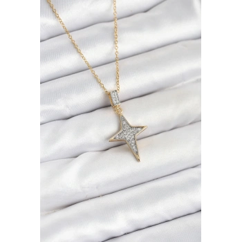 316L Çelik Zincir Gold Renk Kutup Yıldızı Model Zirkon Taşlı Kadın Kolye