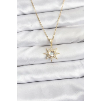 316L Çelik Zincir Gold Renk Kutup Yıldızı Model Zirkon Taşlı Kadın Kolye