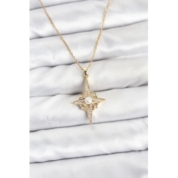 316L Çelik Zincir Gold Renk Kutup Yıldızı Model Zirkon Taşlı Kadın Kolye