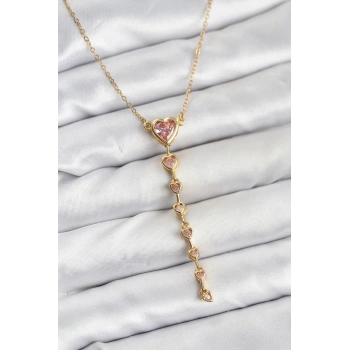 316L Çelik Zincir Gold Renk Pembe Kalp Kadın Kolye