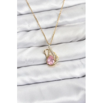 316L Çelik Zincir Gold Renk Pembe Kuğu Model Zirkon Taşlı Kadın Kolye