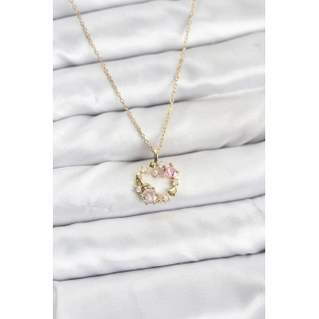 316L Çelik Zincir Gold Renk Pembe Taş Detaylı Çelenk Model Kadın Kolye