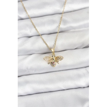 316L Çelik Zincir Gold Renk Sinek Model Zirkon Taşlı Kadın Kolye