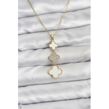 316L Çelik Zincir Gold Renk Yonca Detaylı Zirkon Taşlı Kadın Kolye
