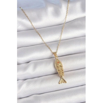 316L Çelik Zincir Gold Renk Zirkon Taşlı Balık Figürlü Kolye