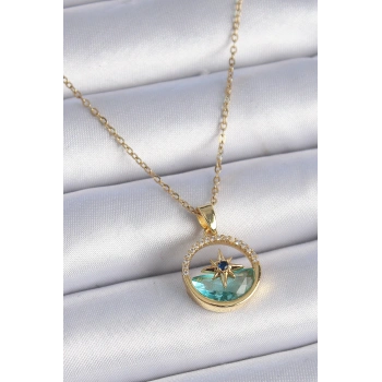 316L Çelik Zincir Gold Renk Zirkon Taşlı Deniz Görünüm Kutup Yıldız Model Kadın Kolye