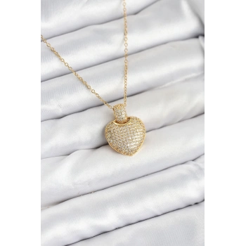 316L Çelik Zincir Gold Renk Zirkon Taşlı Kalpli Kadın Kolye