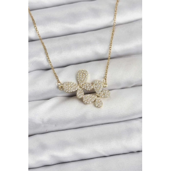 316L Çelik Zincir Gold Renk Zirkon Taşlı Kelebek Model Kadın Kolye