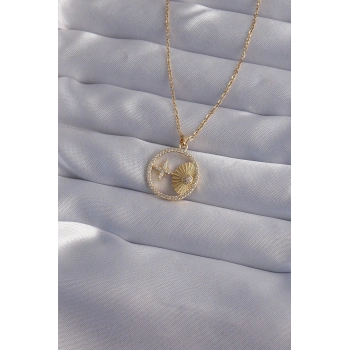 316L Çelik Zincir Gold Renk Zirkon Taşlı Yıldız Figürlü Oval Kolye