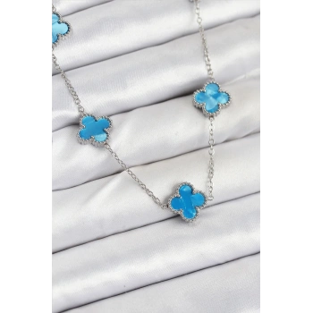 316L Çelik Zincir Gümüş Buz Mavisi Renk Yonca Kadın Kolye