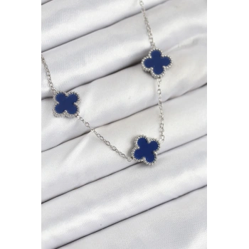 316L Çelik Zincir Gümüş Lacivert Renk Yonca Kadın Kolye