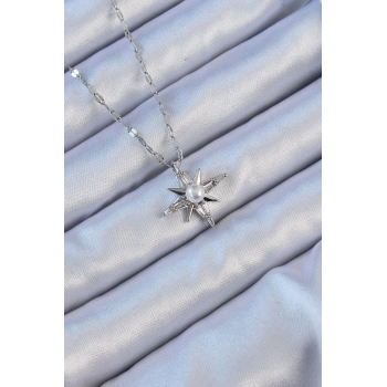 316L Çelik Zincir Gümüş Renk Baget Taşlı İnci Detay Kutup Yıldızı Kolye