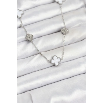 316L Çelik Zincir Gümüş Renk Beyaz ve Zirkon Taşlı Yonca Kadın Kolye