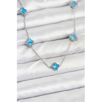316L Çelik Zincir Gümüş Renk Buz Mavisi Baby Boy Yonca Kadın Kolye