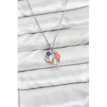 316L Çelik Zincir Gümüş Renk Çiçekli Kedili Model Kadın Kolye