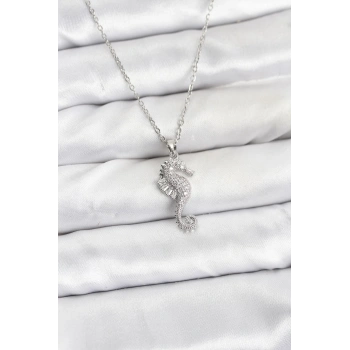 316L Çelik Zincir Gümüş Renk Deniz Atı Model Zirkon Taşlı Kadın Kolye